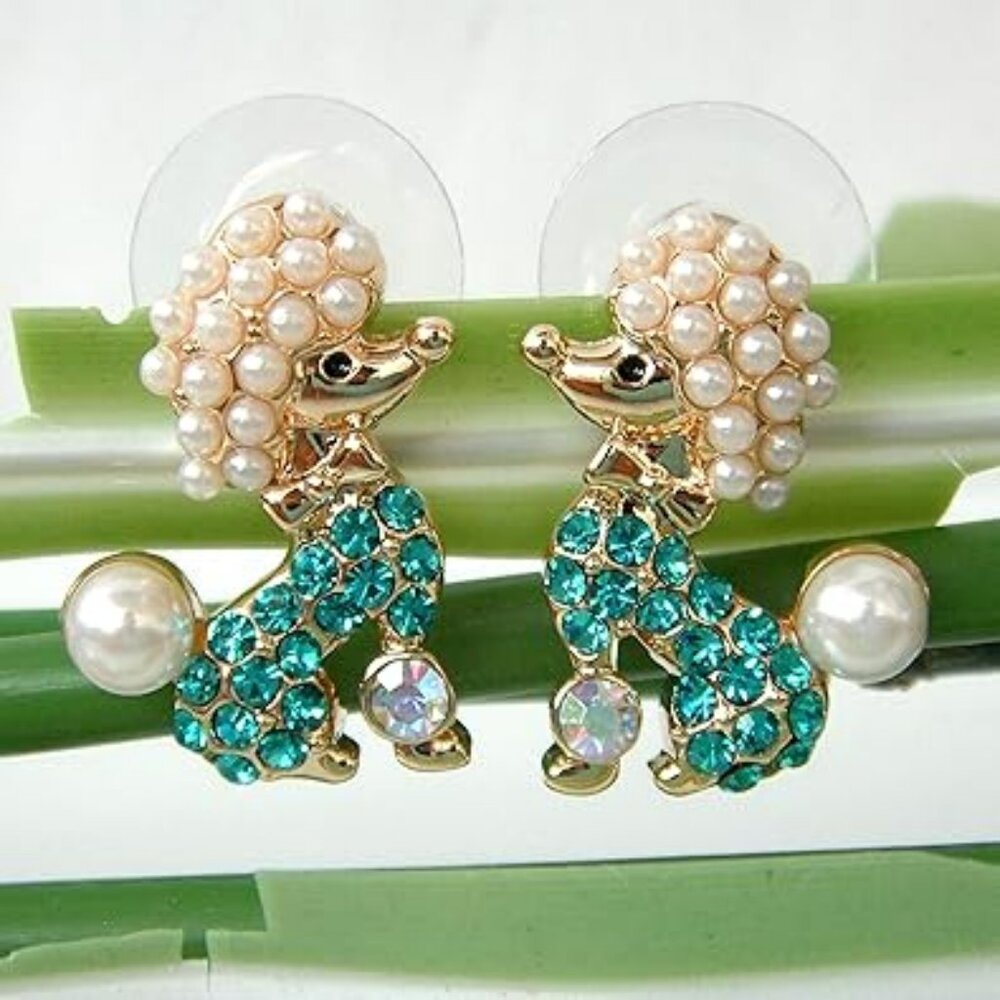 18k Gold Plated Crystal Pearl Dog Poodle Stud Earrings Blue Green
